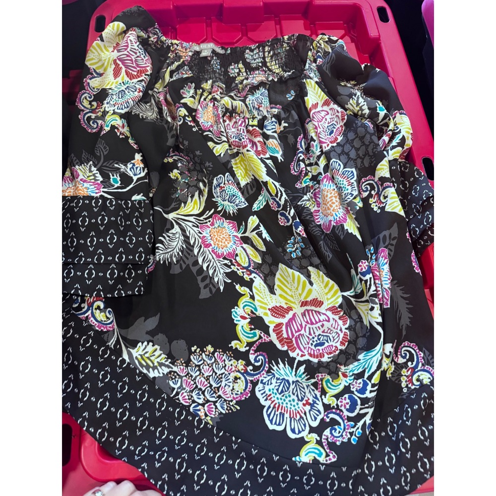 Valerie Stevens Floral Smocked Peasant Blouse Black Multi XL Boho Long Sleeve